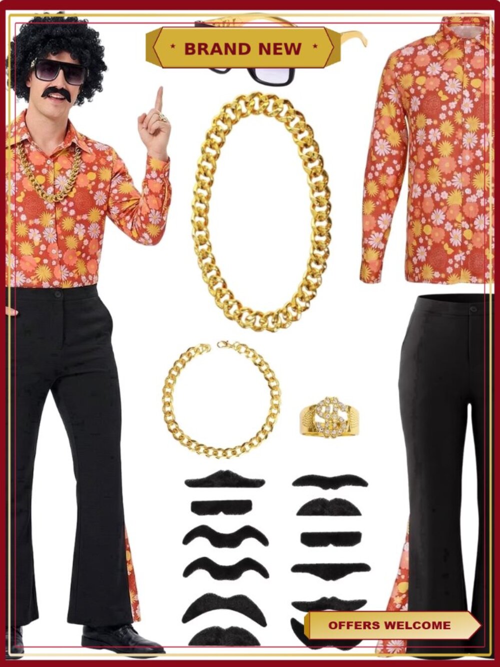 70s Disco Outfit Set Men Shirt Flared Pants Hippie Costume Halloween